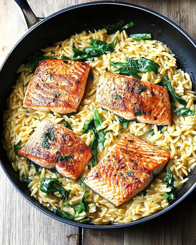 One Skillet Salmon with Lemon Orzo
