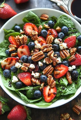 30-Minute Strawberry Spinach Salad with Blueberries, Pecans, Feta cheese, and a Balsamic glaze.