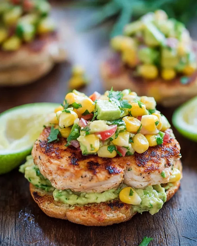 Chicken Burgers with Avocado Corn Salsa