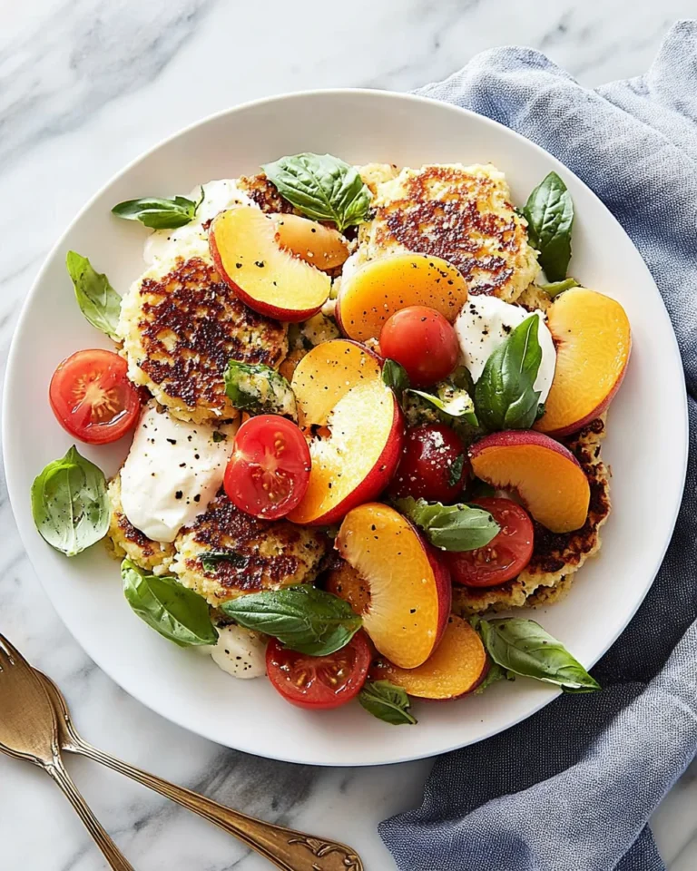Corn Fritter Caprese with Peaches and Tomatoes