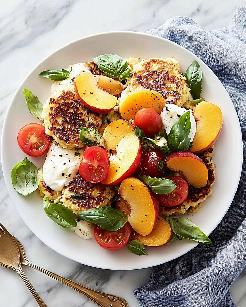 Corn Fritter Caprese with Peaches and Tomatoes