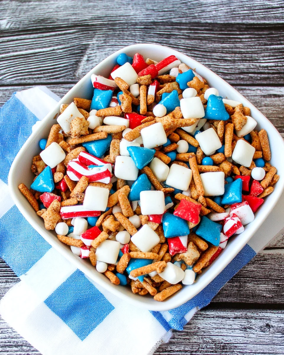 Red, white, and blue snack mix