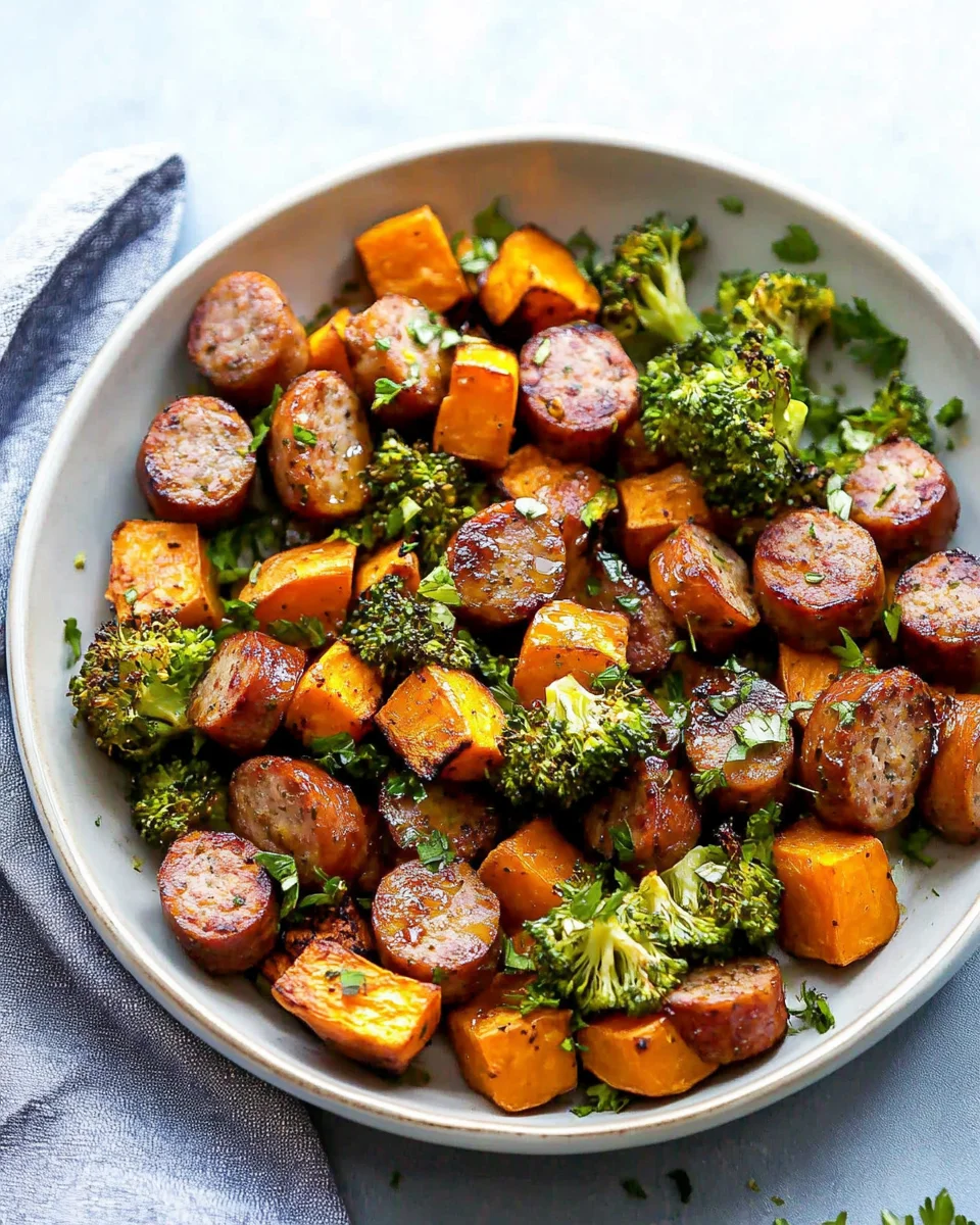 Sheet Pan Sausage and Sweet Potatoes with Honey Garlic Sauce