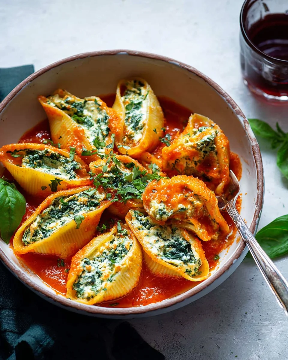 Spinach Ricotta Stuffed Shells with Basil Sauce