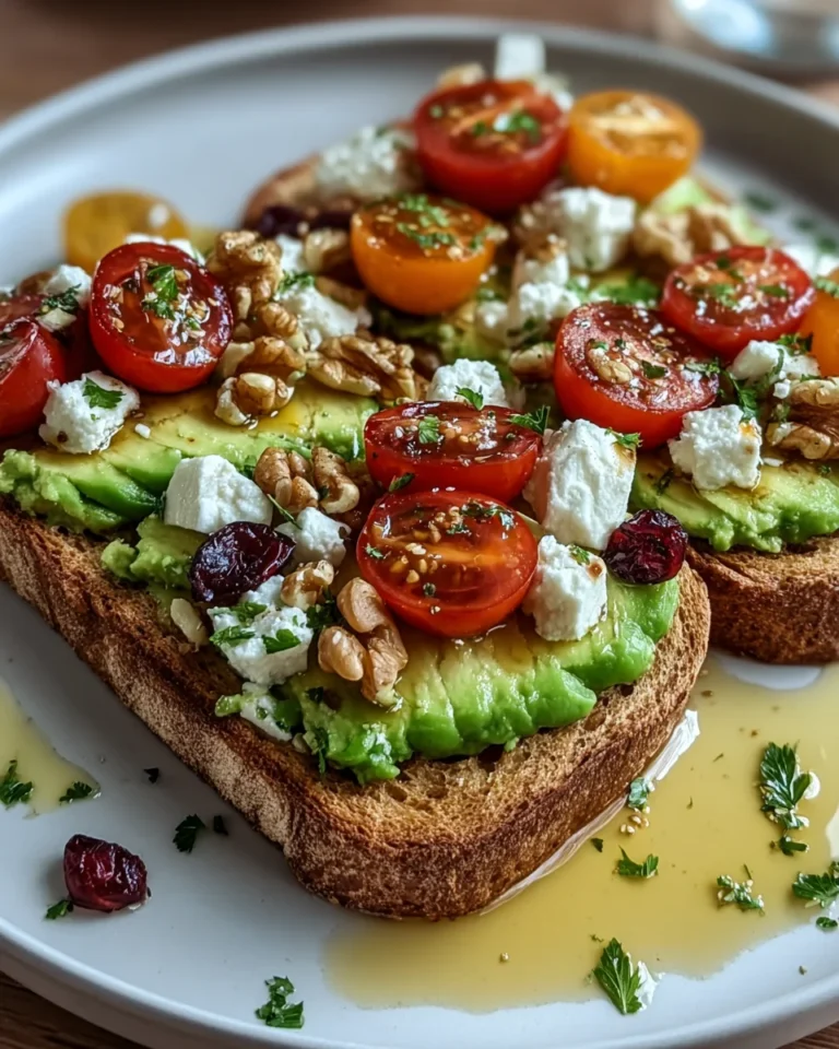 Avocado Toast with Feta, Cherry Tomatoes, Cranberries, and Walnuts
