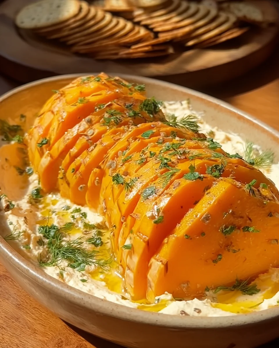 Baked butternut squash on feta dip