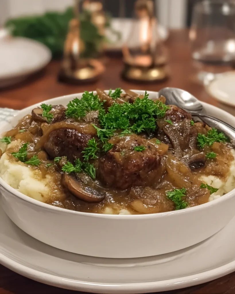 Salisbury Steak Meatballs with Garlic Herb Mashed Potatoes