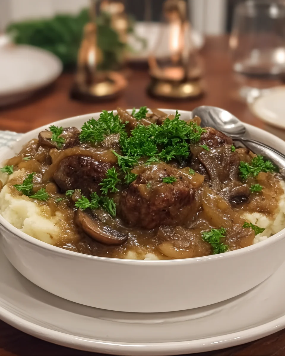 Salisbury Steak Meatballs with Garlic Herb Mashed Potatoes