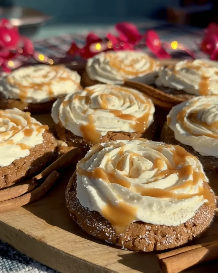 Soft Gingerbread Cookies topped with Vanilla Bean Buttercream Frosting and Salted Caramel