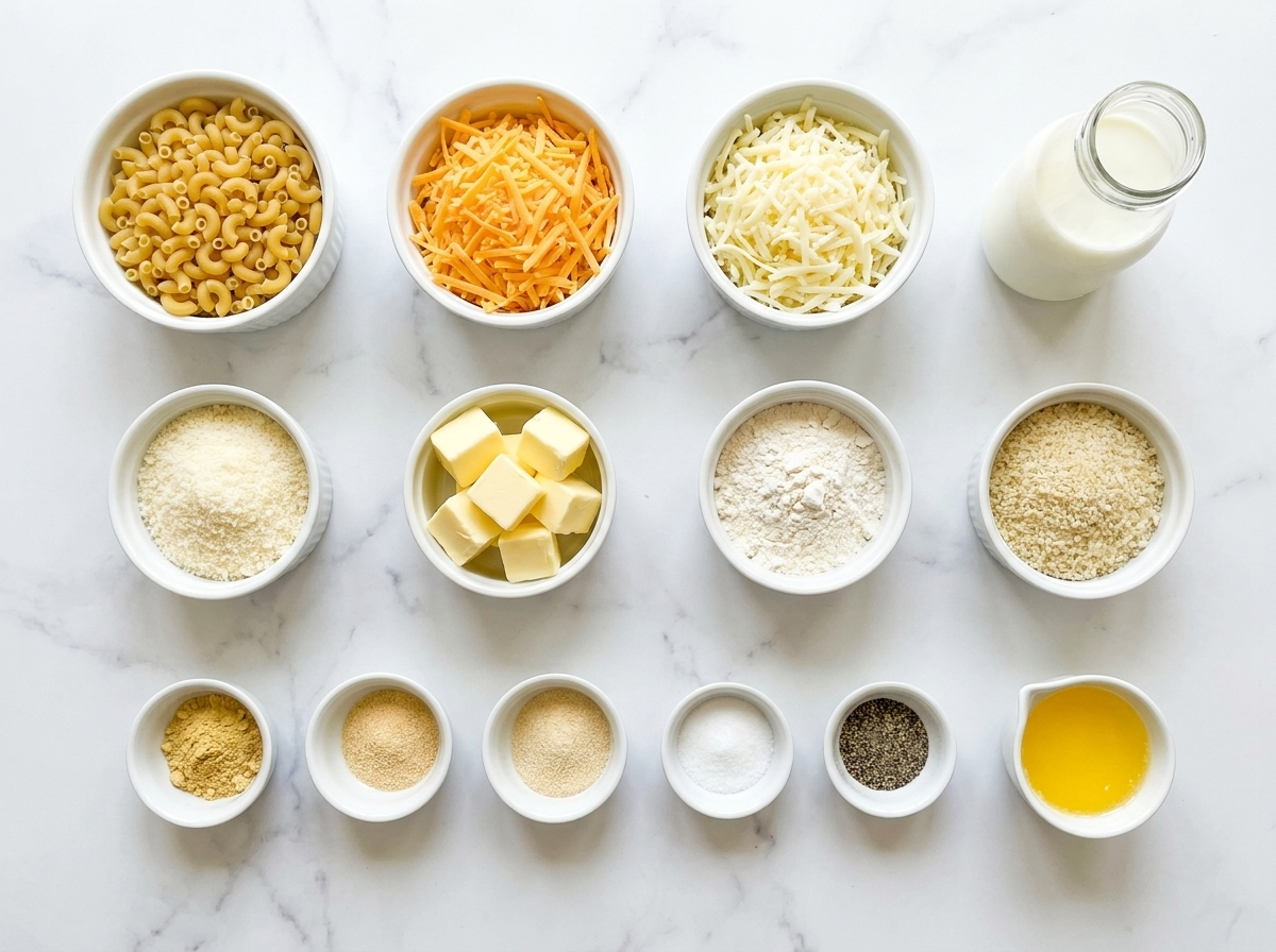 Baked mac and cheese ingredients arranged on white marble, including elbow macaroni, cheddar, mozzarella, milk, butter, flour, breadcrumbs, and seasonings.
