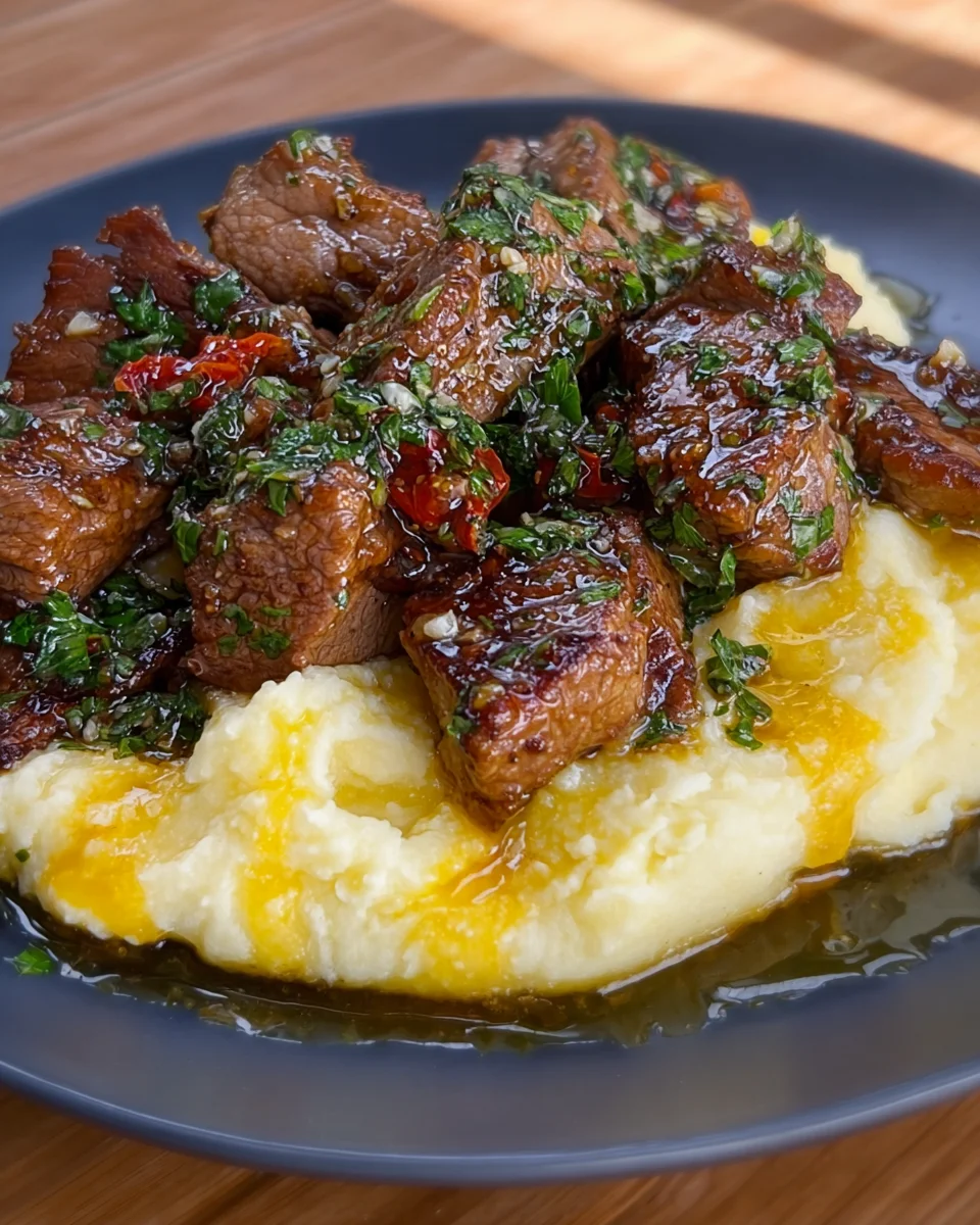 Butter Garlic Steak Bites and Mashed Potatoes