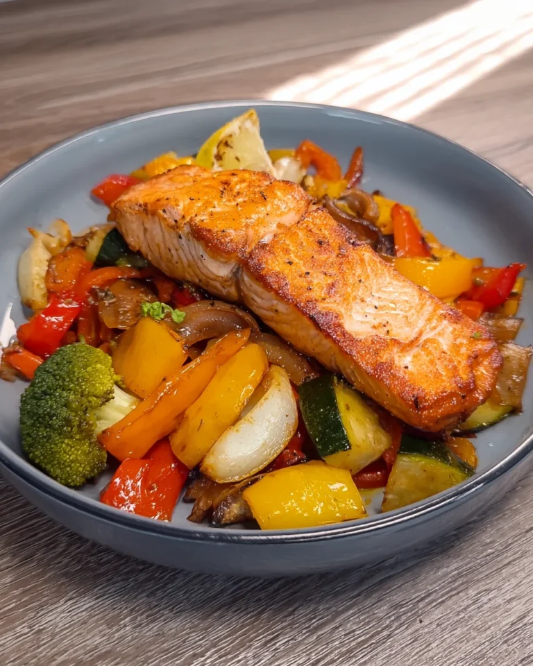 Roasted Vegetables topped with Cooked Salmon