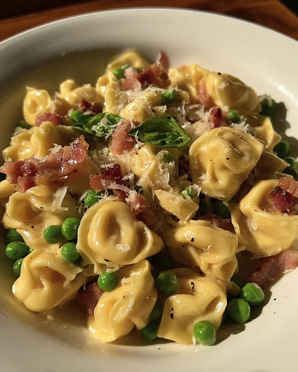 Tortellini with crispy pancetta and sweet baby peas