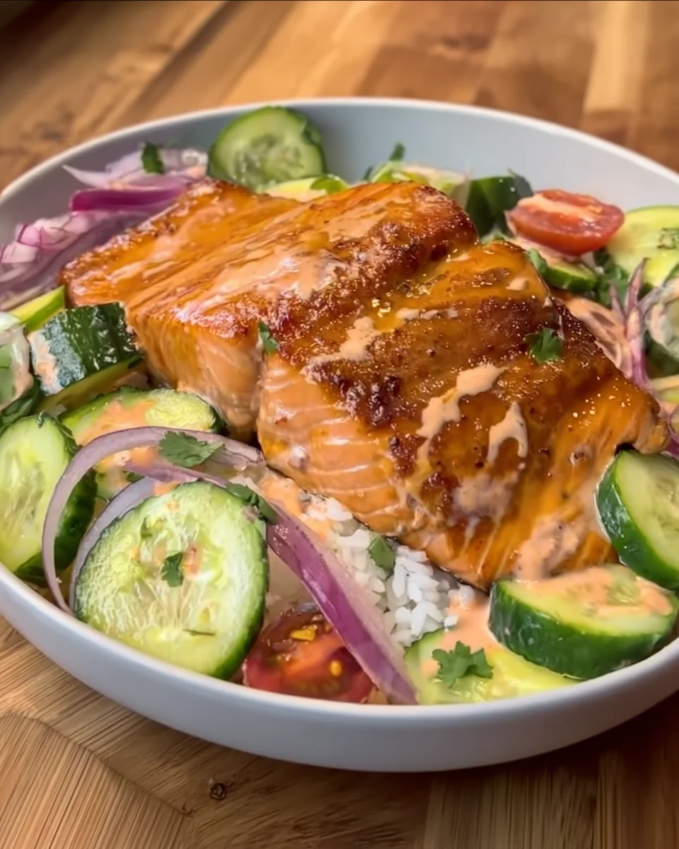 Air Fryer Bang Bang Salmon with Cucumber Salad