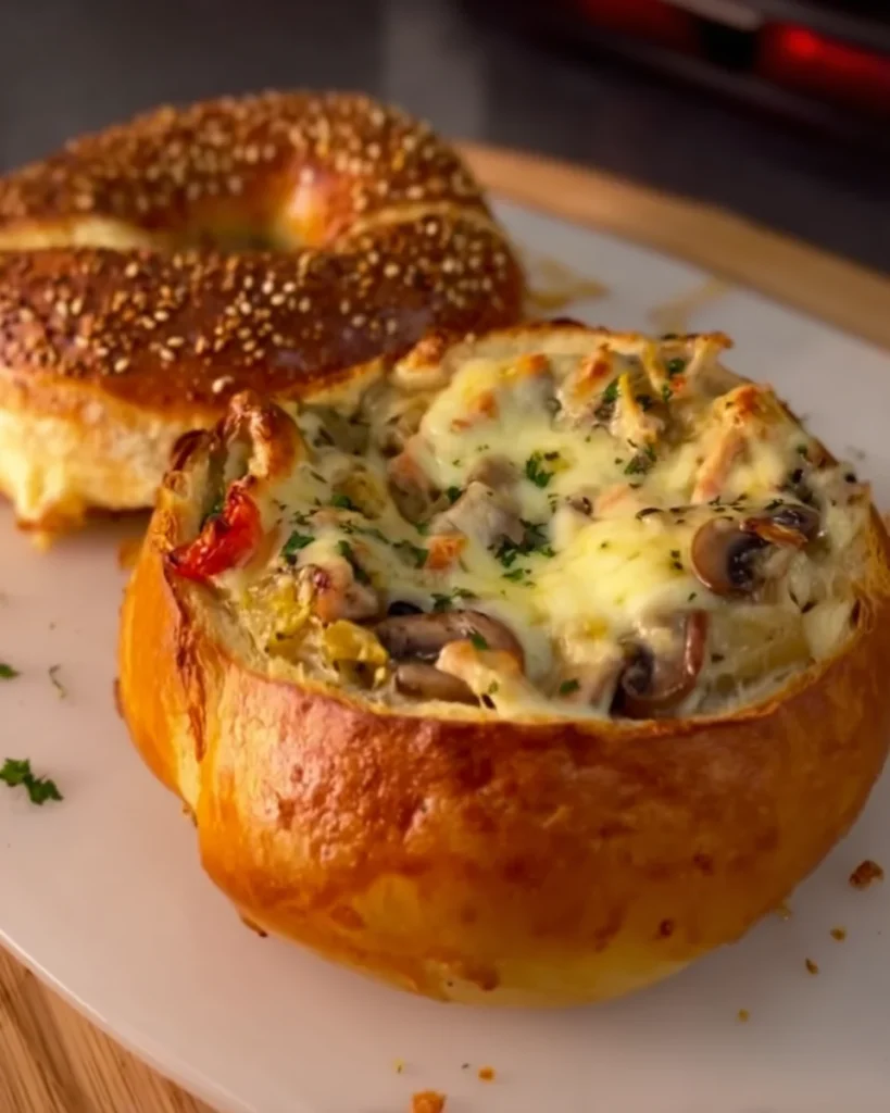 Bread Pots filled with chicken, mushrooms and cheese