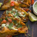 CRISPY CHICKEN CARNITAS TACOS with AVOCADO CILANTRO LIME SAUCE