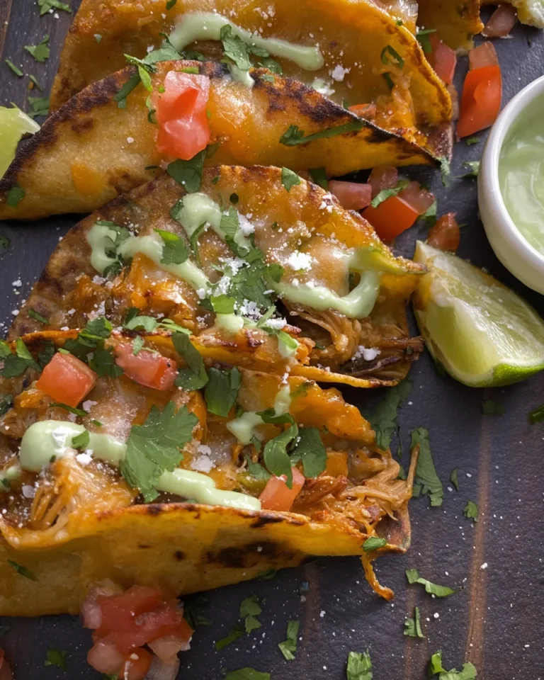 CRISPY CHICKEN CARNITAS TACOS with AVOCADO CILANTRO LIME SAUCE