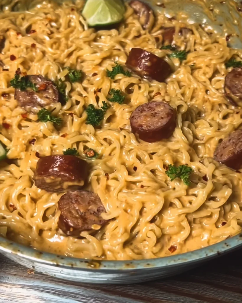Creamy, spicy garlic noodles with sausage