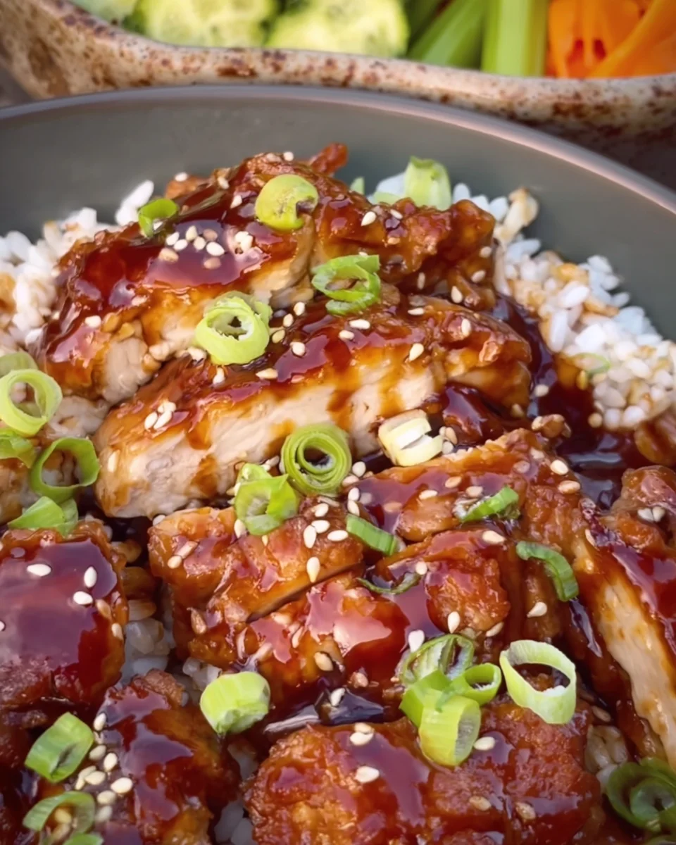 Crispy chicken thighs with a sticky teriyaki sauce