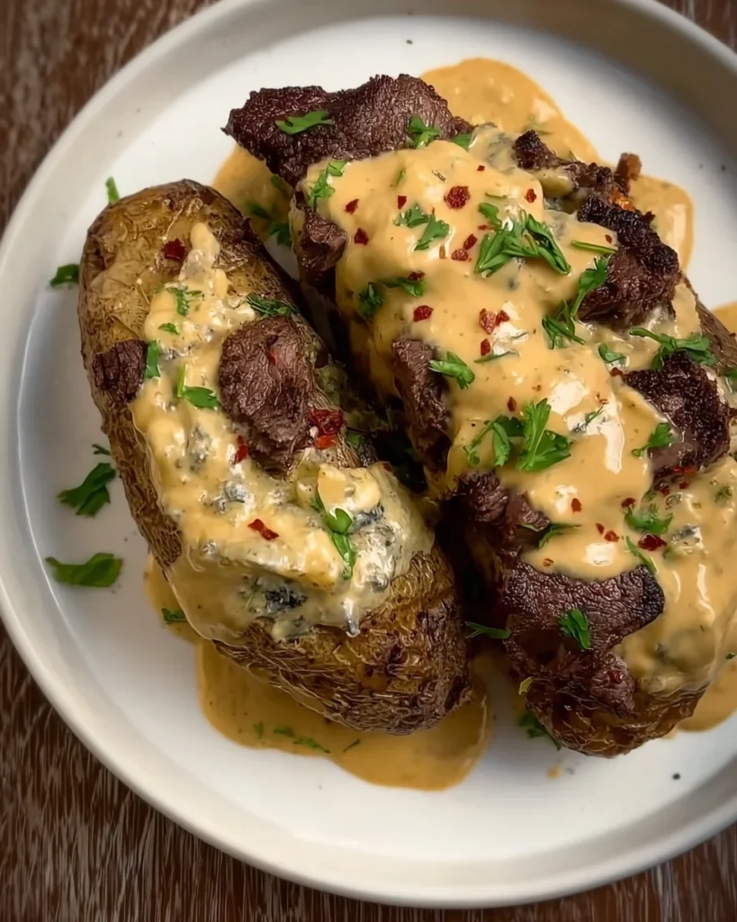Steak Stuffed Potatoes with Parmesan Cream Sauce