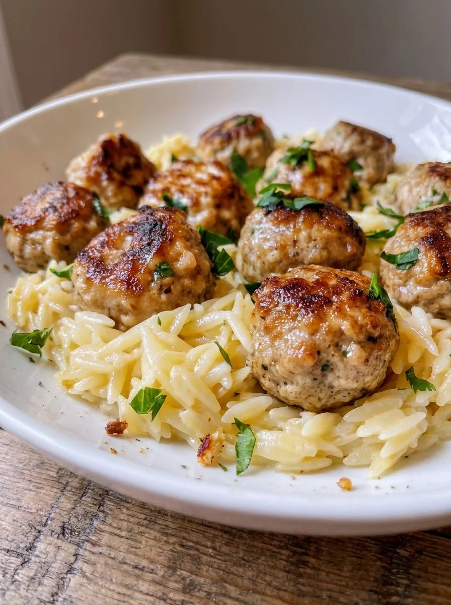 Lemon Chicken Ricotta Meatballs with Garlic Orzo